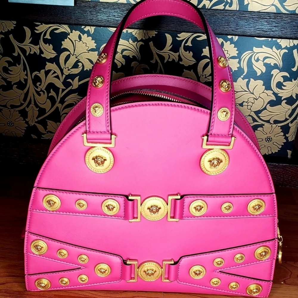 New Versace Womens Bright Pink Leather Tribute Medallion Handbag Shoulder Bag